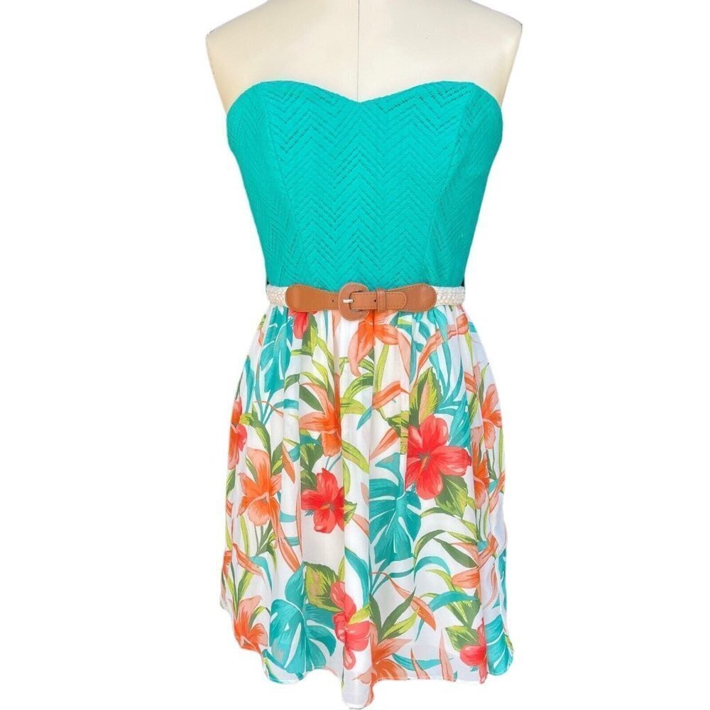 CITY TRIANGLES Strapless Fit & Flare Dress Size 9 Turquoise Floral Belted‎ Mini